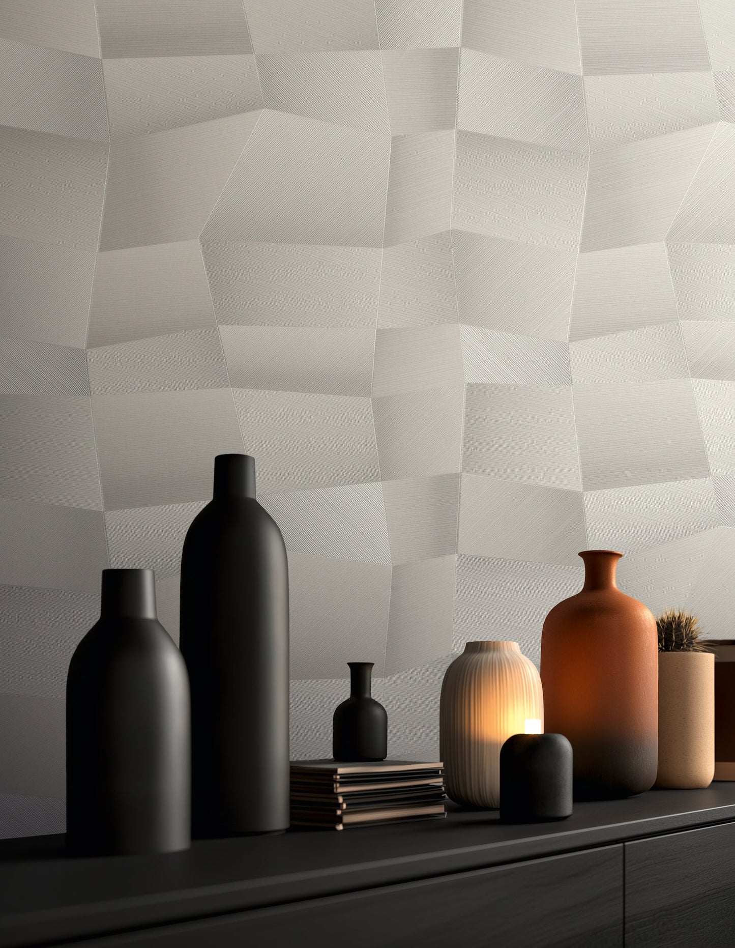 Mustertapete 3D-Geometrie Cremeweiß - 10,05 m x 0,53 m