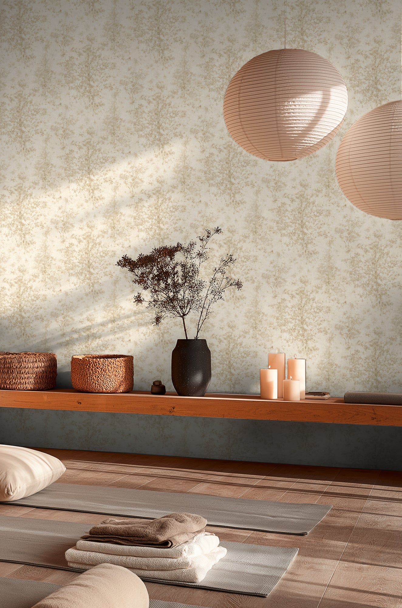 Mustertapete Baum-Silhouette Creme-Beige - 10,05 m x 0,53 m