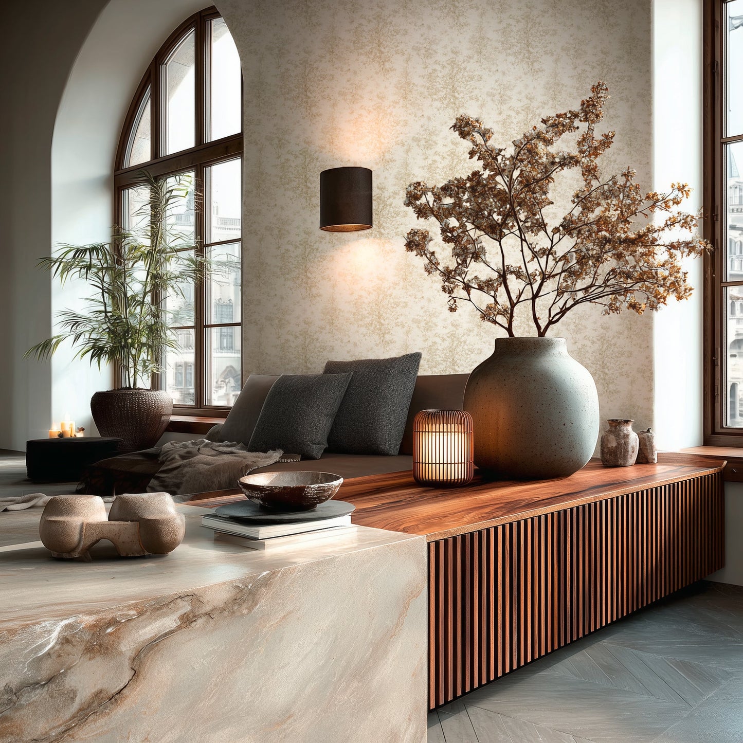 Mustertapete Baum-Silhouette Creme-Beige - 10,05 m x 0,53 m