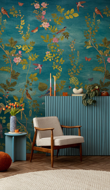 Fototapete Vögel Blumen Blau Grün - 1,59 m x 2,80 m