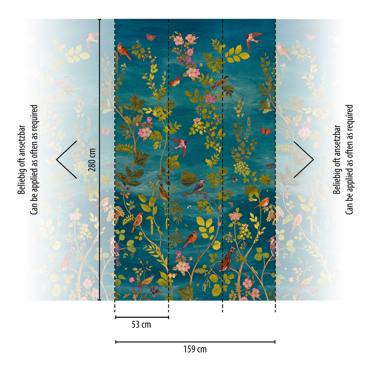 Fototapete Vögel Blumen Blau Grün - 1,59 m x 2,80 m