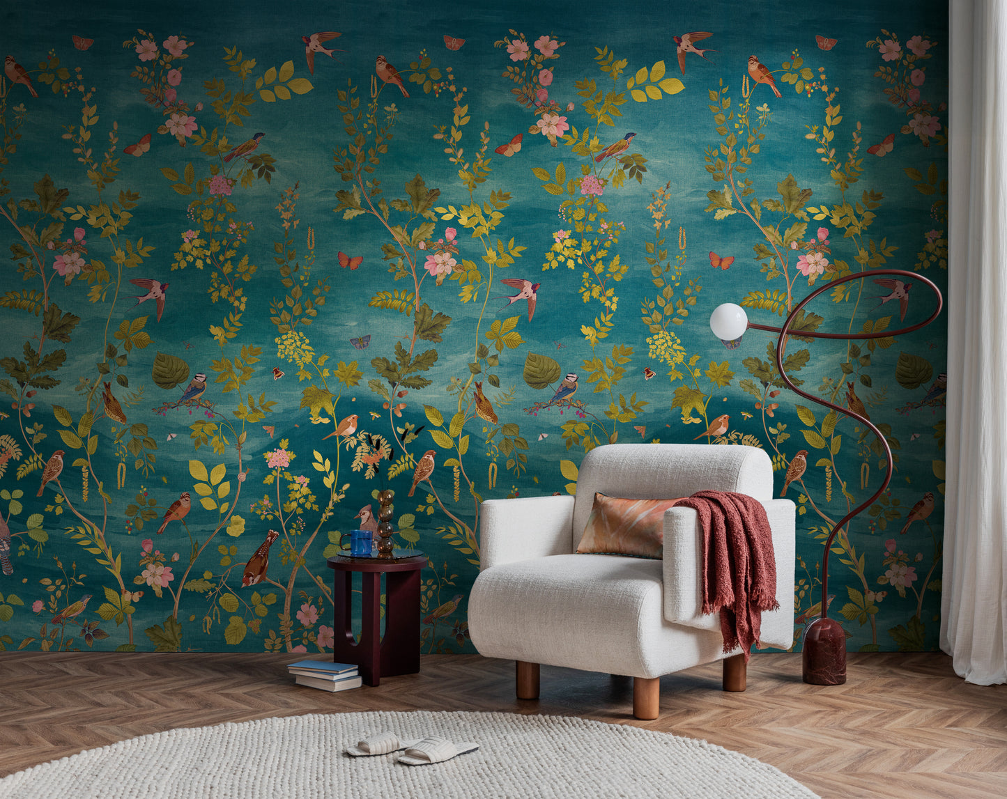Fototapete Vögel Blumen Blau Grün - 1,59 m x 2,80 m
