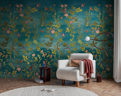 Fototapete Vögel Blumen Blau Grün - 1,59 m x 2,80 m