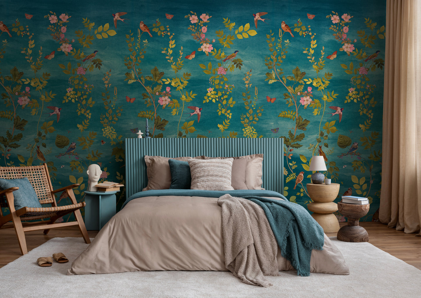 Fototapete Vögel Blumen Blau Grün - 1,59 m x 2,80 m