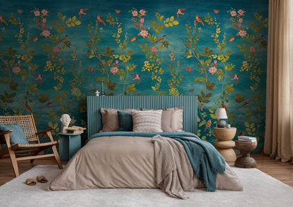 Fototapete Vögel Blumen Blau Grün - 1,59 m x 2,80 m