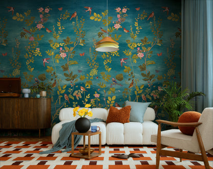 Fototapete Vögel Blumen Blau Grün - 1,59 m x 2,80 m