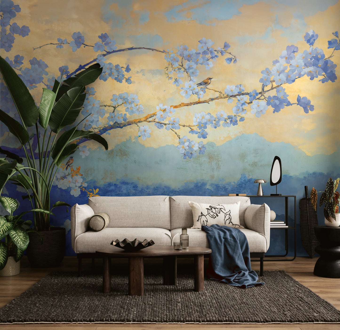 Fototapete Kirschblüten Blau Gold - 3,71 m x 2,80 m