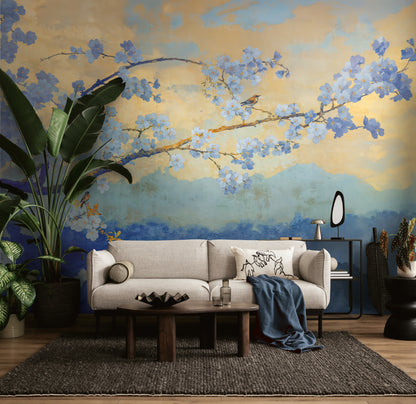 Fototapete Kirschblüten Blau Gold - 3,71 m x 2,80 m