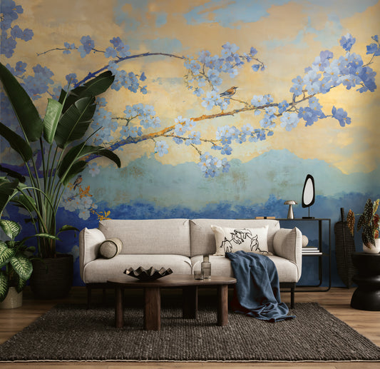 Fototapete Kirschblüten Blau Gold - 3,71 m x 2,80 m