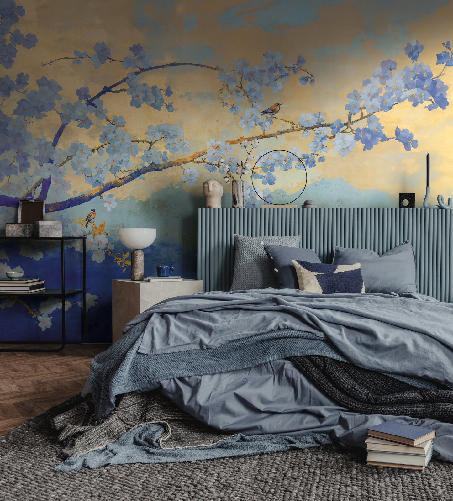 Fototapete Kirschblüten Blau Gold - 3,71 m x 2,80 m