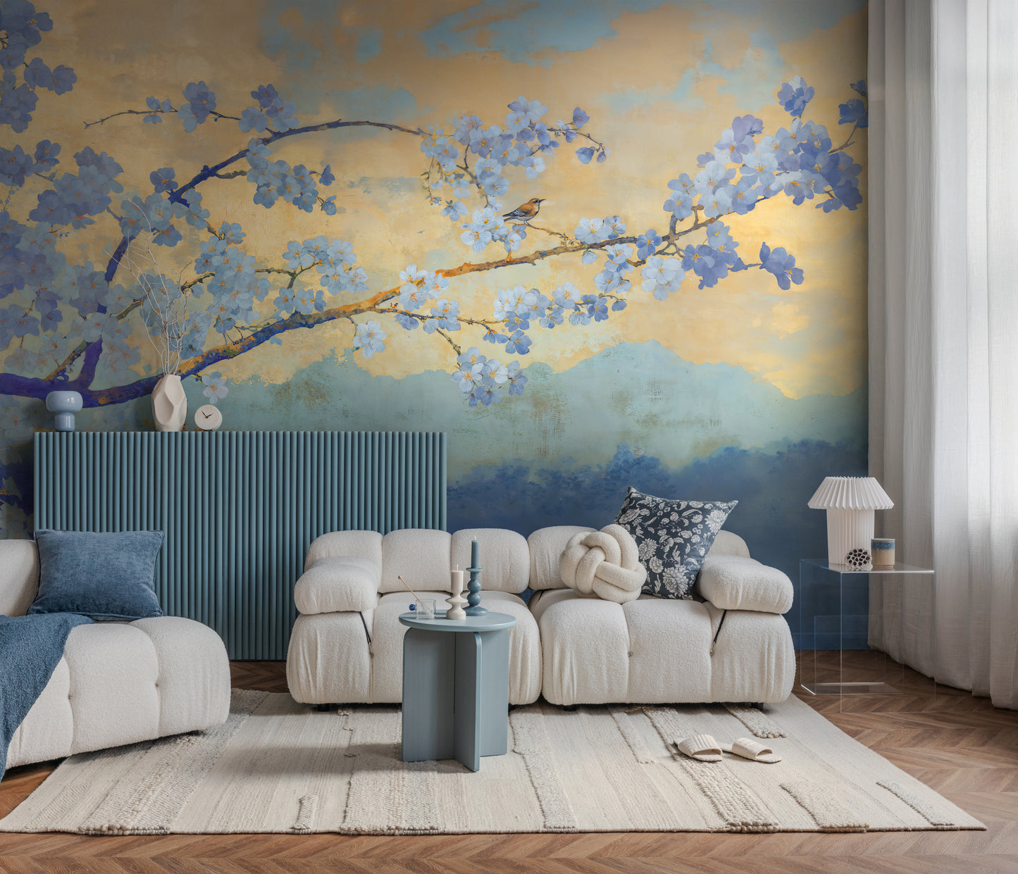 Fototapete Kirschblüten Blau Gold - 3,71 m x 2,80 m