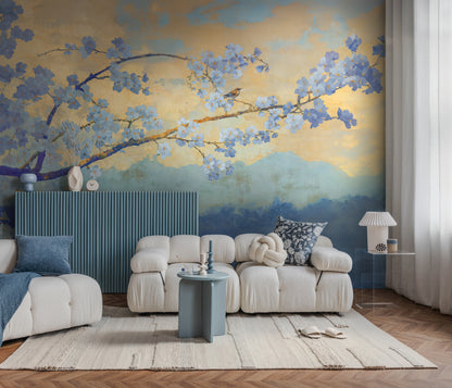 Fototapete Kirschblüten Blau Gold - 3,71 m x 2,80 m