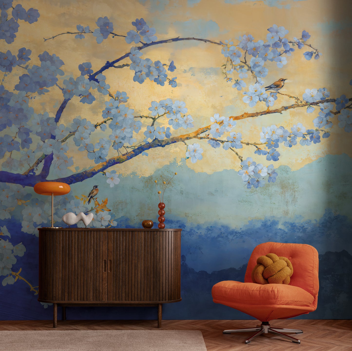Fototapete Kirschblüten Blau Gold - 3,71 m x 2,80 m