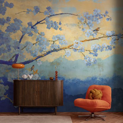Fototapete Kirschblüten Blau Gold - 3,71 m x 2,80 m