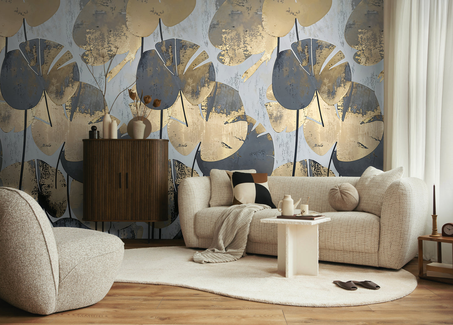 Fototapete Blätter Gold Grau - 1,59 m x 2,80 m