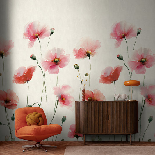 Fototapete Mohnblumen Rosa Beige - 1,59 m x 2,80 m