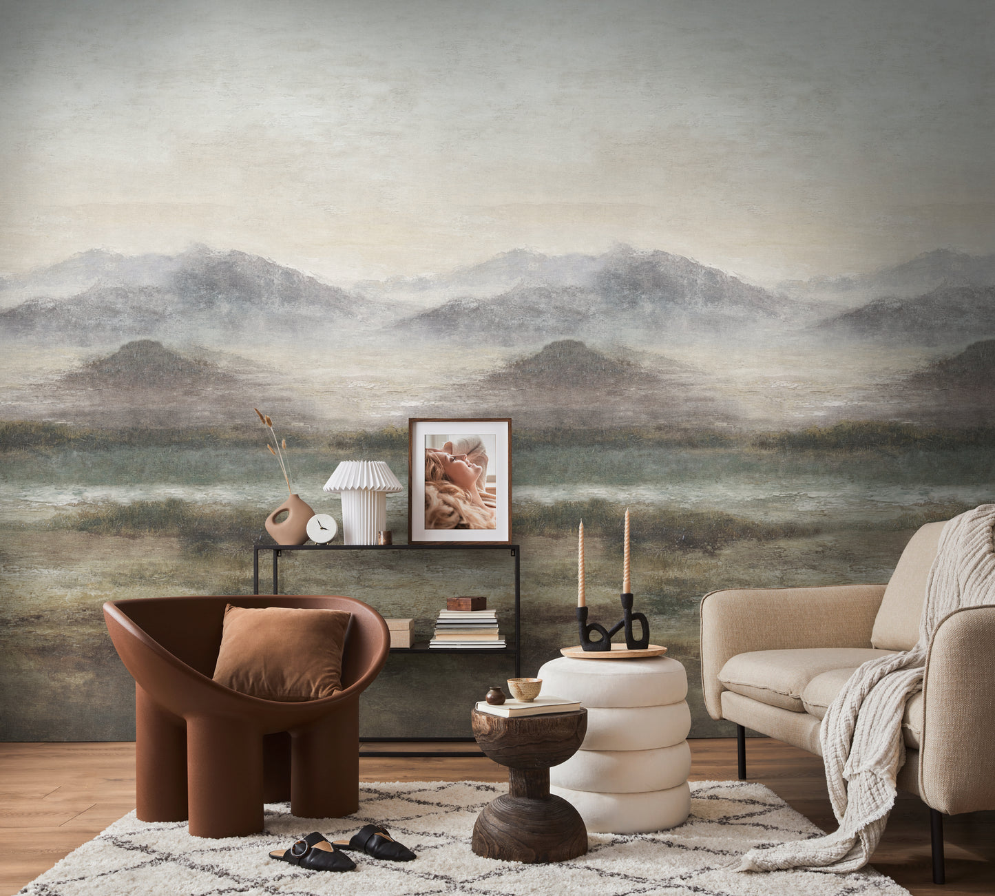Fototapete Berge See Beige Grau - 1,59 m x 2,80 m