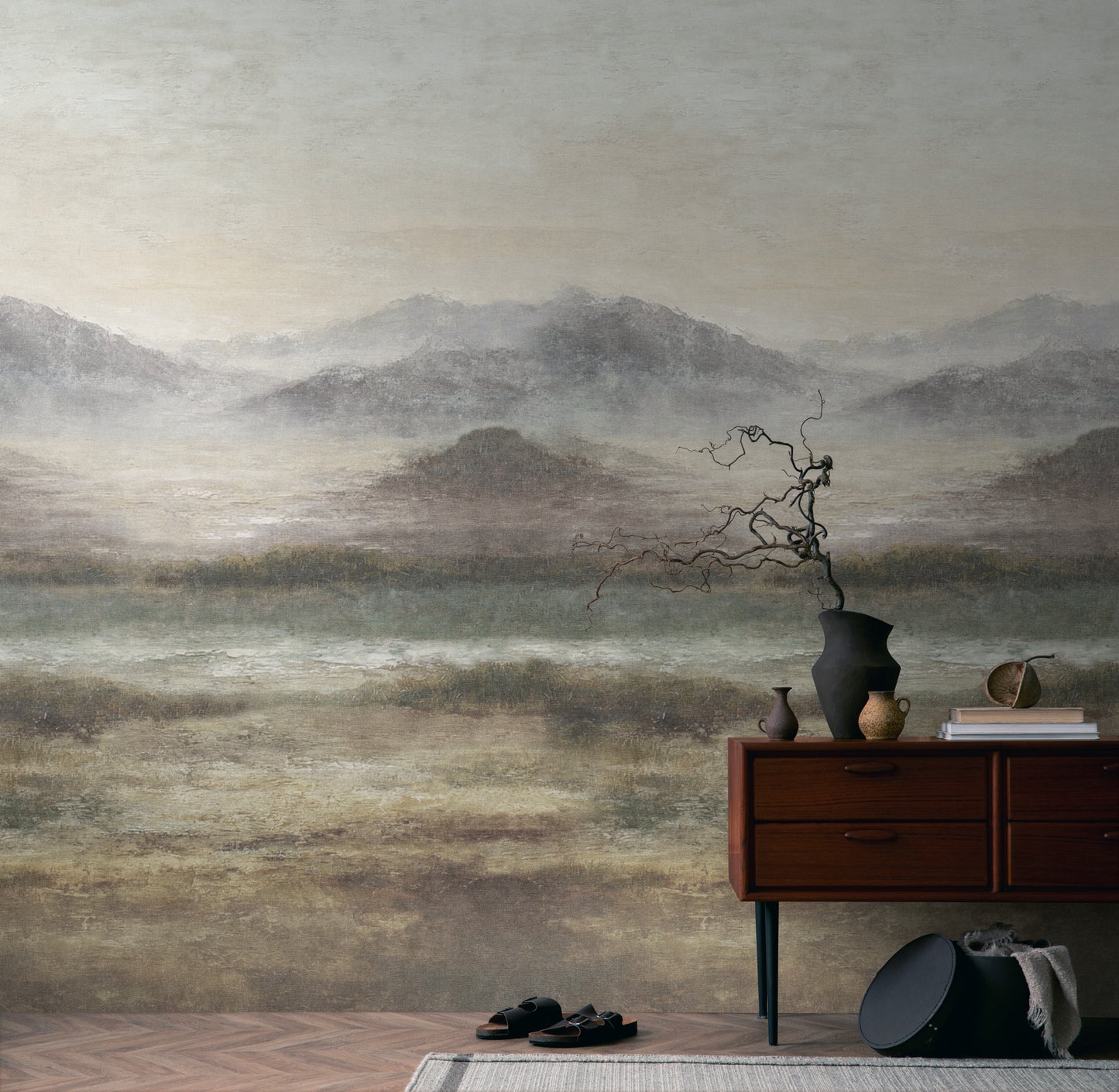 Fototapete Berge See Beige Grau - 1,59 m x 2,80 m