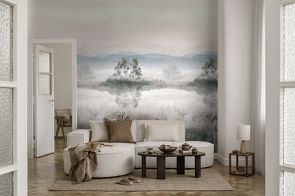 Fototapete See Nebel Beige Blau - 1,59 m x 2,80 m