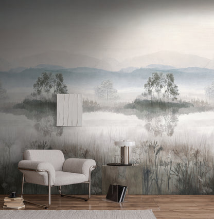 Fototapete See Nebel Beige Blau - 1,59 m x 2,80 m