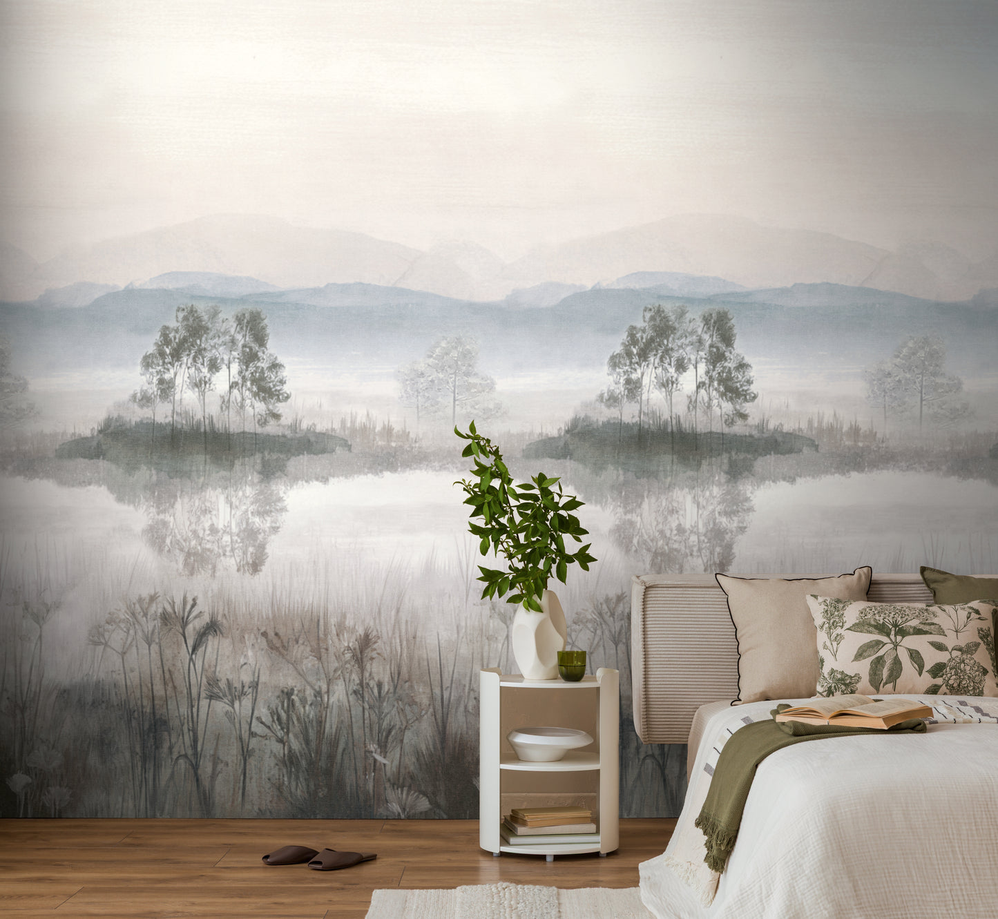 Fototapete See Nebel Beige Blau - 1,59 m x 2,80 m