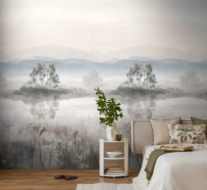 Fototapete See Nebel Beige Blau - 1,59 m x 2,80 m