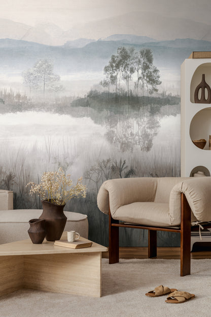 Fototapete See Nebel Beige Blau - 1,59 m x 2,80 m