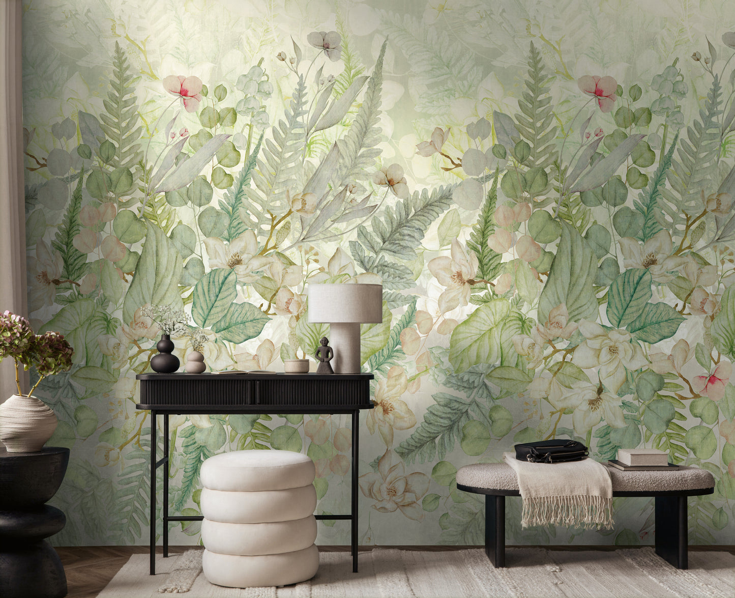 Fototapete Blätter Blumen Grün Beige - 1,59 m x 2,80 m