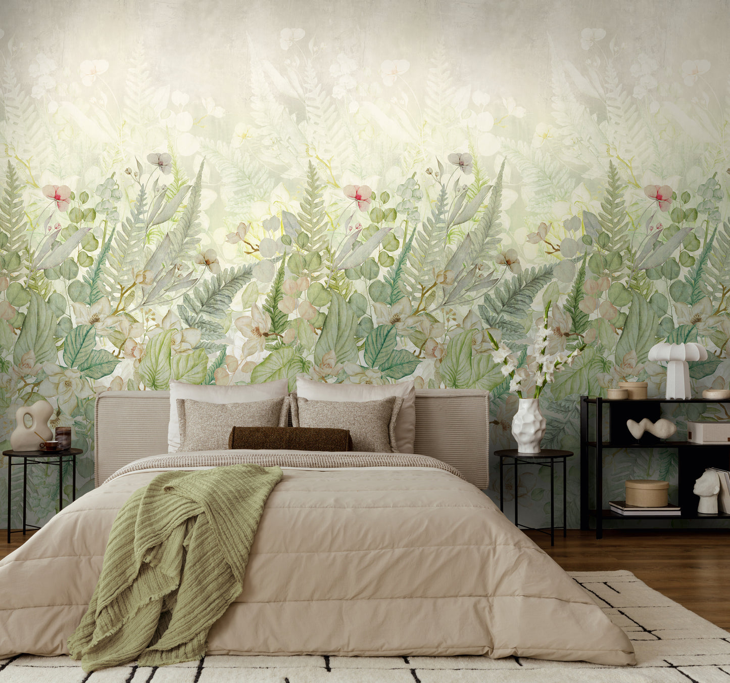 Fototapete Blätter Blumen Grün Beige - 1,59 m x 2,80 m