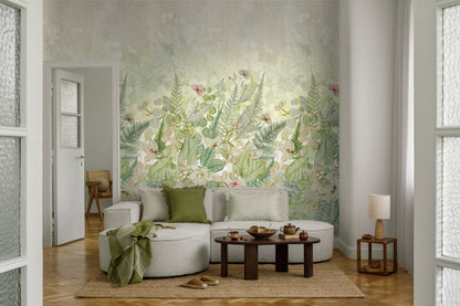 Fototapete Blätter Blumen Grün Beige - 1,59 m x 2,80 m