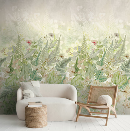 Fototapete Blätter Blumen Grün Beige - 1,59 m x 2,80 m