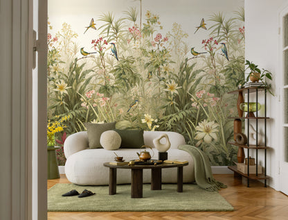 Fototapete Vögel Blumen Beige Grün - 1,59 m x 2,80 m