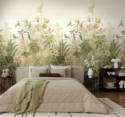Fototapete Vögel Blumen Beige Grün - 1,59 m x 2,80 m