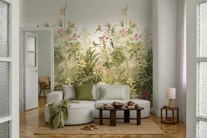 Fototapete Vögel Blumen Beige Grün - 1,59 m x 2,80 m