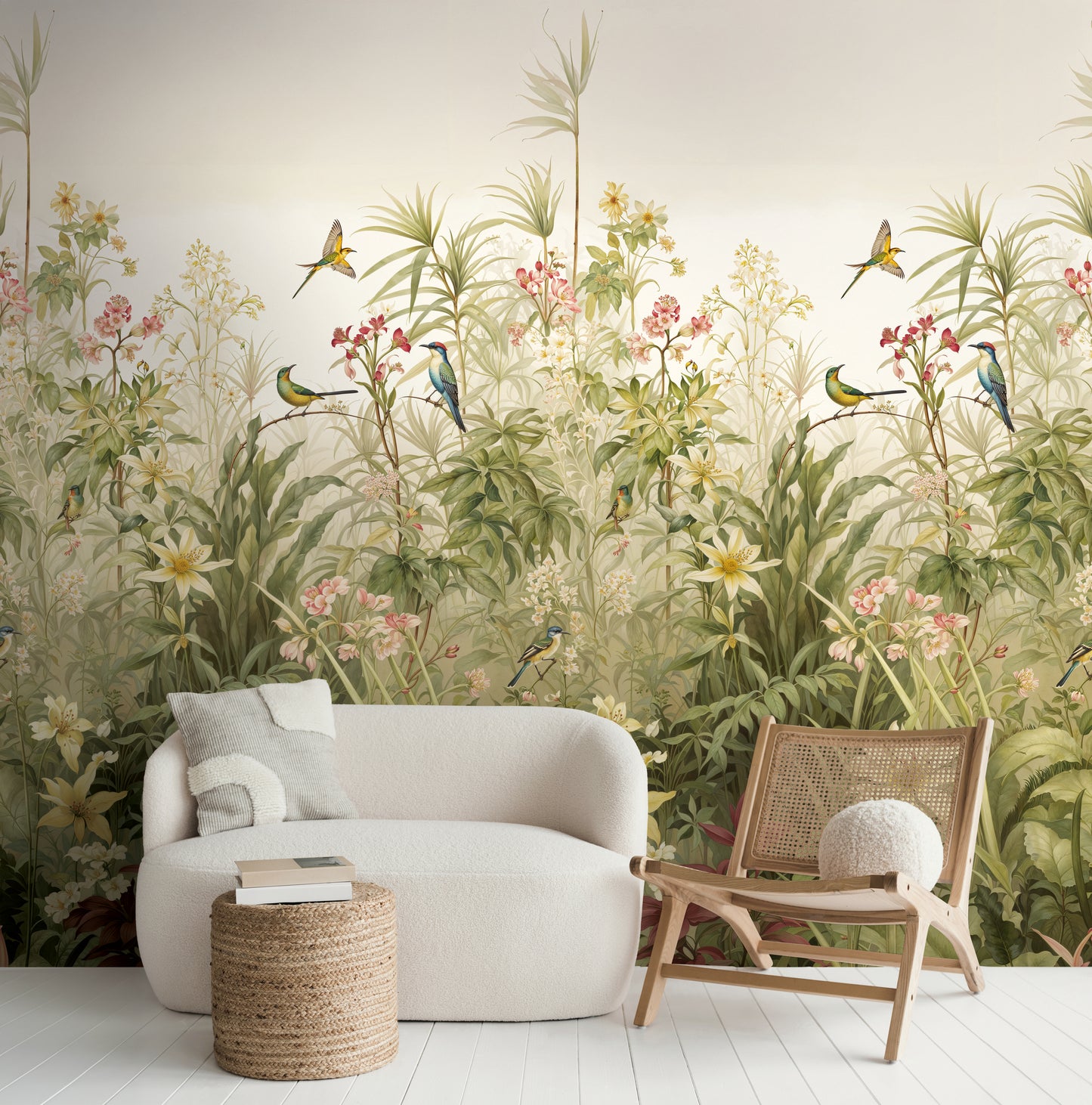 Fototapete Vögel Blumen Beige Grün - 1,59 m x 2,80 m