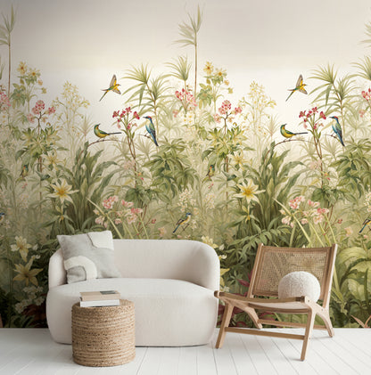Fototapete Vögel Blumen Beige Grün - 1,59 m x 2,80 m