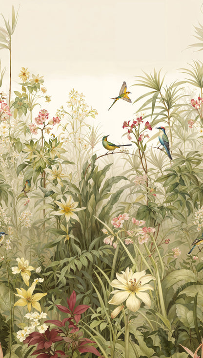 Fototapete Vögel Blumen Beige Grün - 1,59 m x 2,80 m