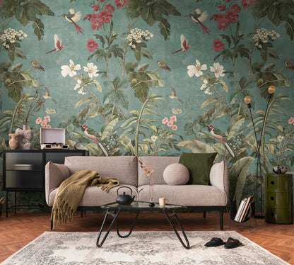 Fototapete Vögel Blumen Grün - 1,59 m x 2,80 m