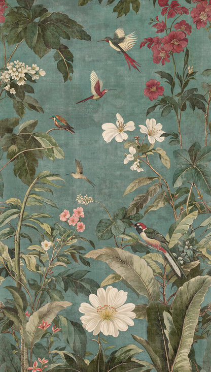 Fototapete Vögel Blumen Grün - 1,59 m x 2,80 m