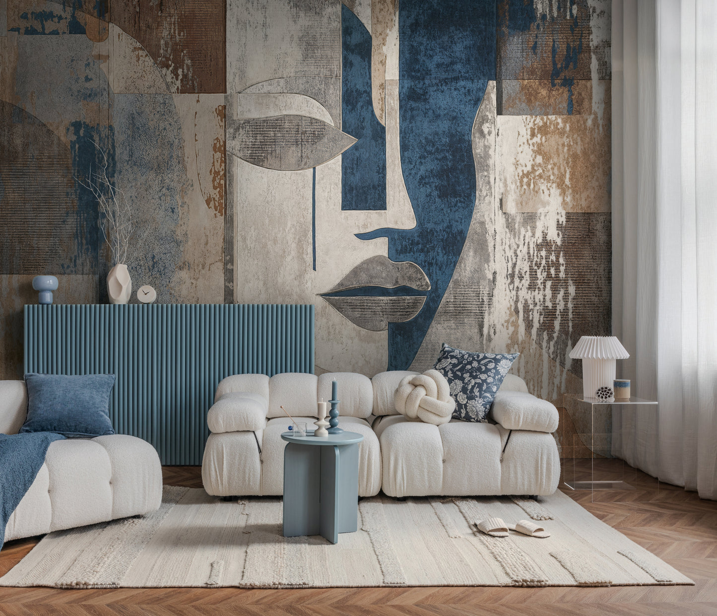 Fototapete Gesicht Blau Beige - 3,71 m x 2,80 m