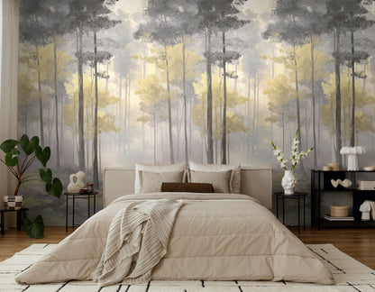 Fototapete Wald Nebel Gold Grau - 1,59 m x 2,80 m
