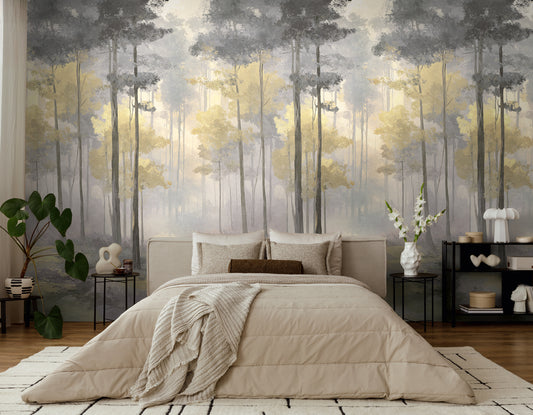 Fototapete Wald Nebel Gold Grau - 1,59 m x 2,80 m