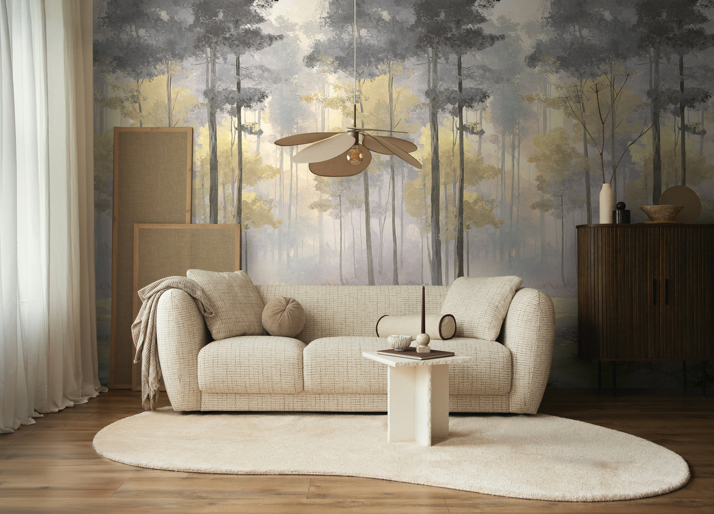 Fototapete Wald Nebel Gold Grau - 1,59 m x 2,80 m
