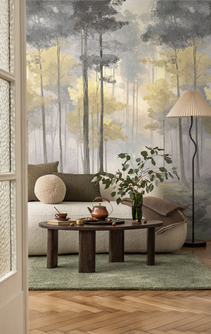 Fototapete Wald Nebel Gold Grau - 1,59 m x 2,80 m