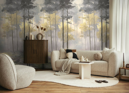 Fototapete Wald Nebel Gold Grau - 1,59 m x 2,80 m