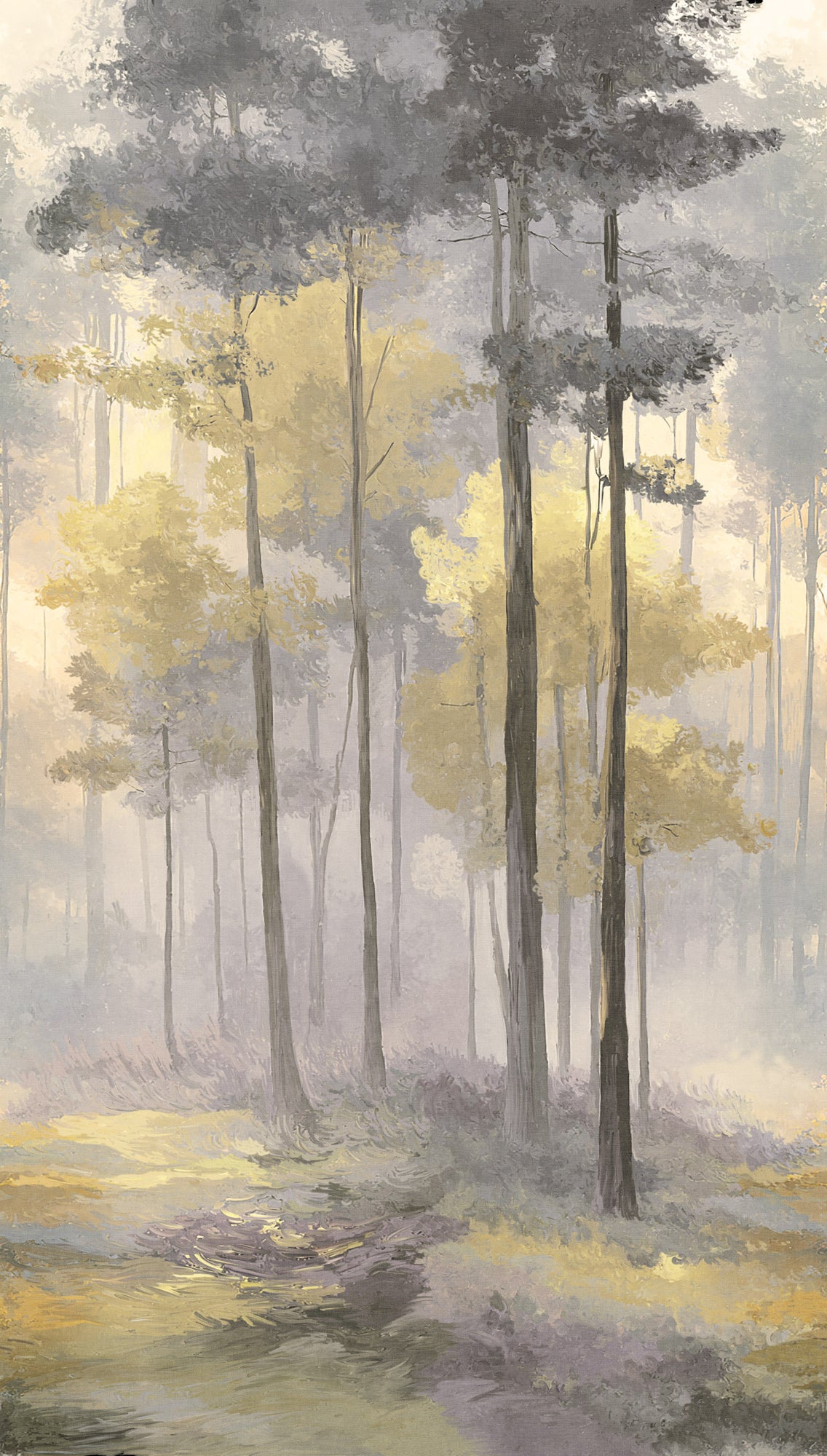 Fototapete Wald Nebel Gold Grau - 1,59 m x 2,80 m
