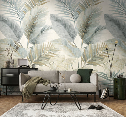 Fototapete Blätter Beige Blau - 1,59 m x 2,80 m