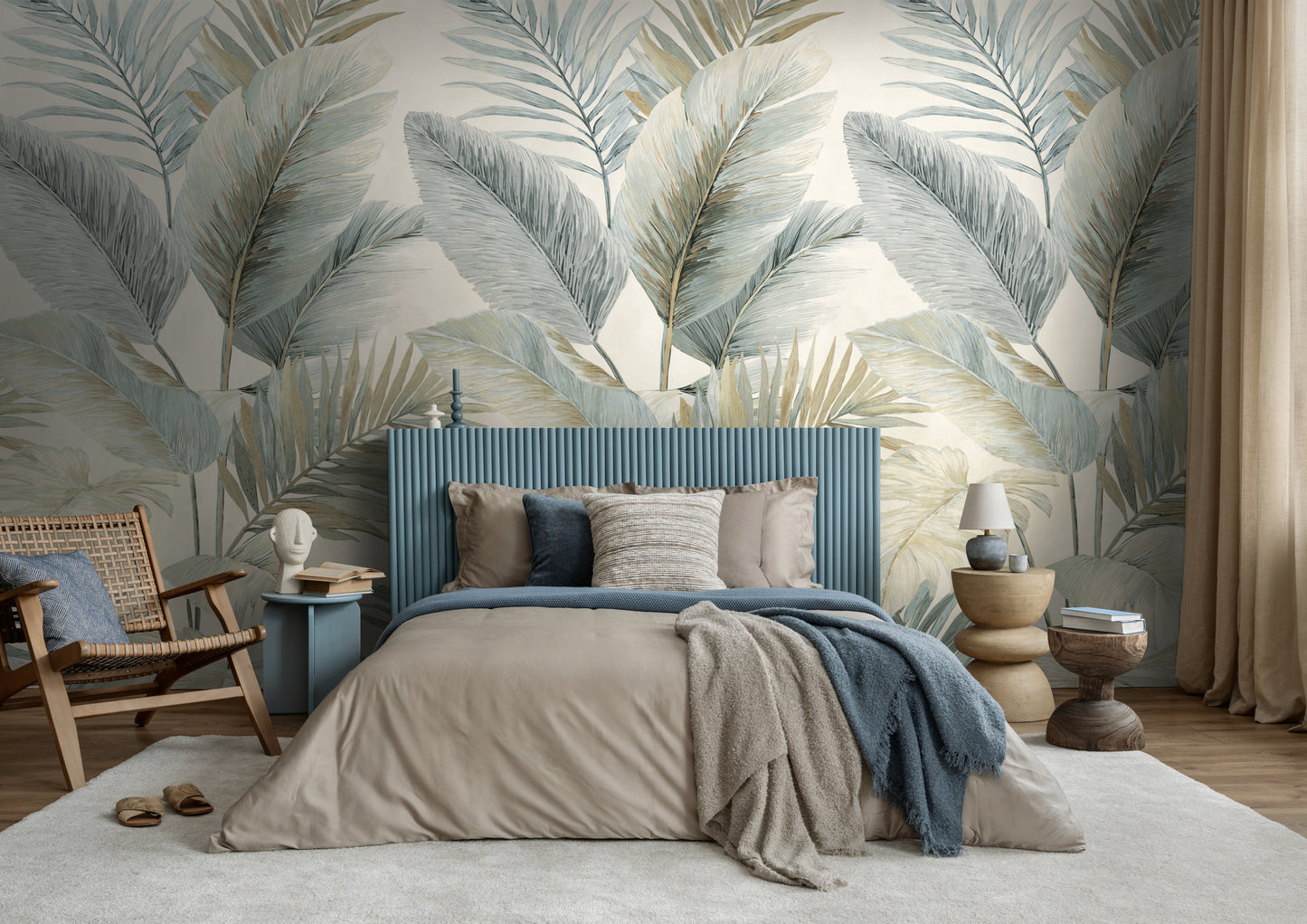 Fototapete Blätter Beige Blau - 1,59 m x 2,80 m