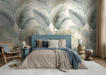 Fototapete Blätter Beige Blau - 1,59 m x 2,80 m