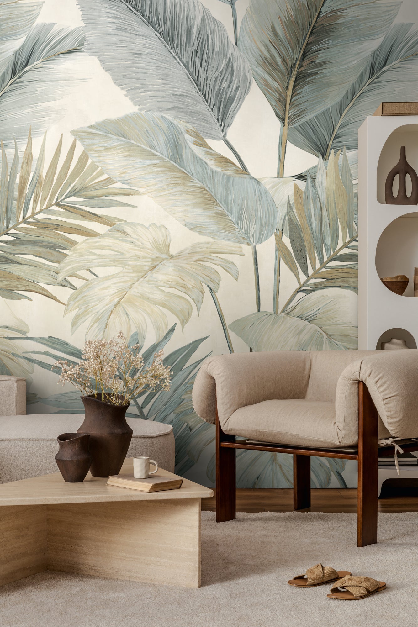Fototapete Blätter Beige Blau - 1,59 m x 2,80 m
